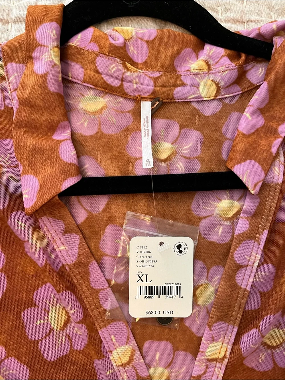 Free People Rust Floral Button-Down Shirt with Pink Flowers